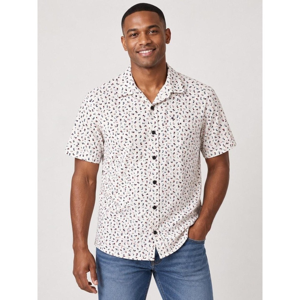 George Men Slim Fit Short Sleeve Floral Button Down Shirt White Navy Red Small